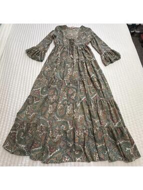 Boemo Boho Paisley Floral Tiered Maxi Dress Lace Up Bodice L Large Multi Color